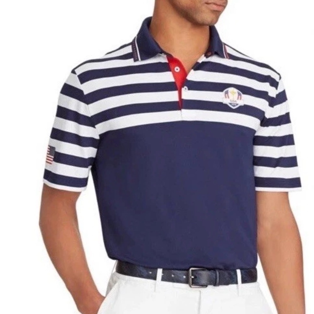 Ralph Lauren RLX 2018 Ryder Cup Blue White Stripe Polo Shirt XL Active Golfing